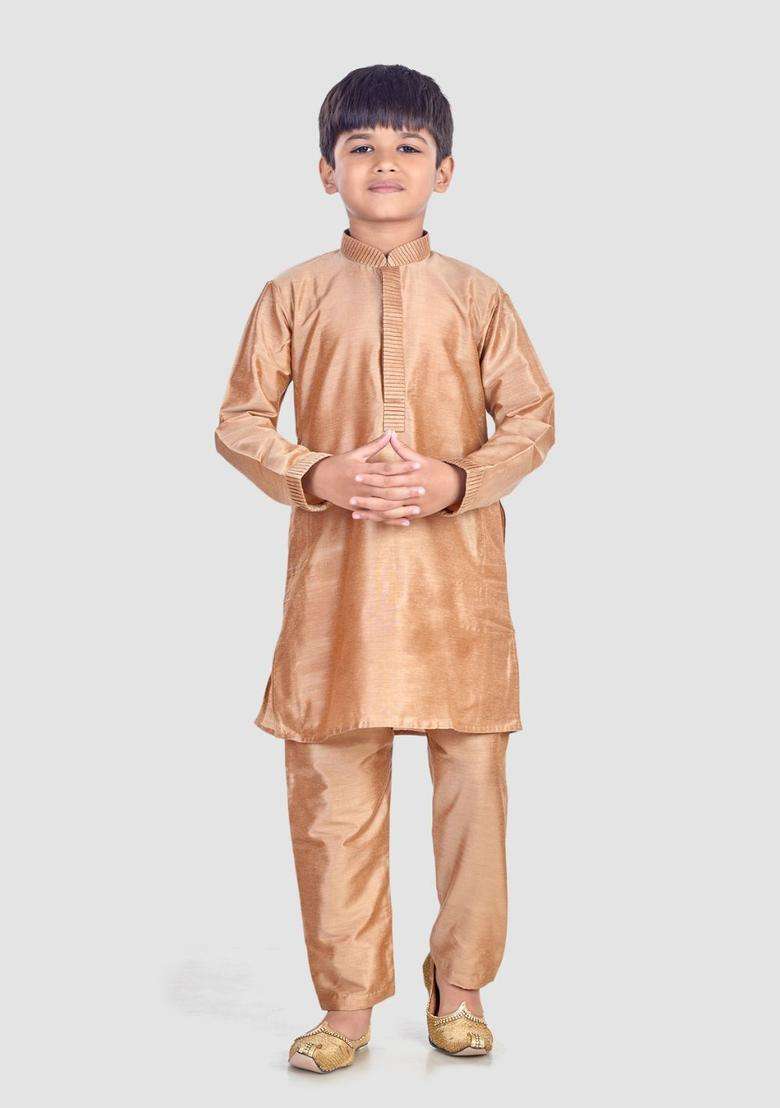 Rose Gold Solid Cotton Kurta Set For Boys - Indya