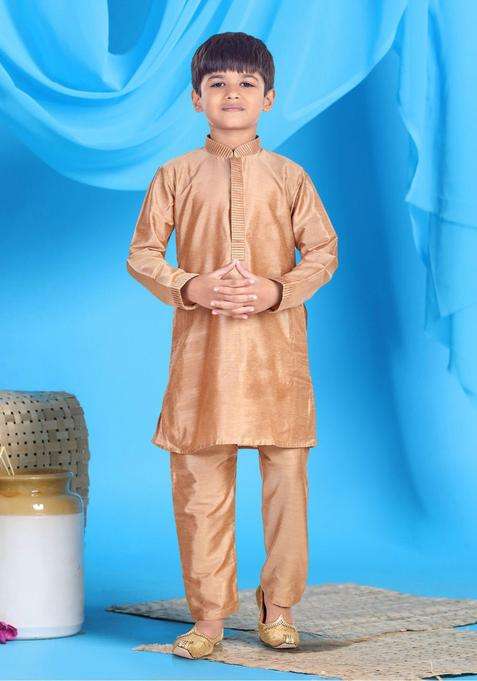 Rose Gold Solid Cotton Kurta Set For Boys