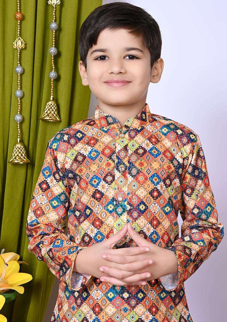Brown Embroidered Cotton Kurta Set For Boys - Indya