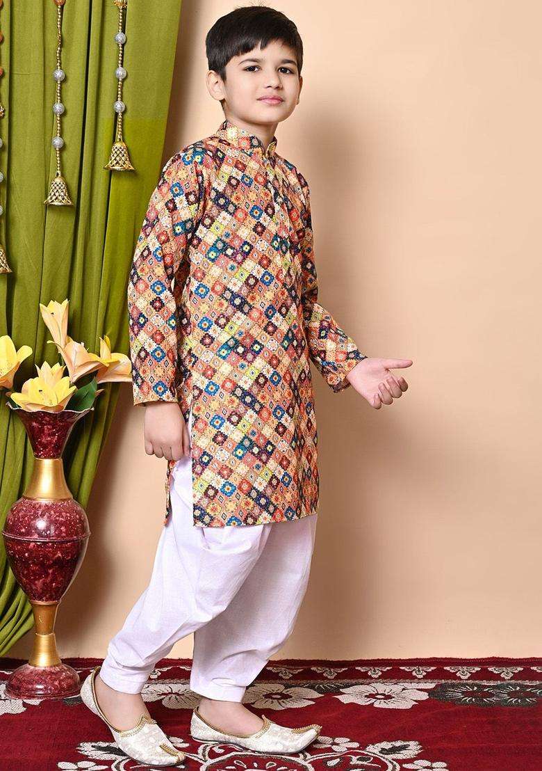 Brown Embroidered Cotton Kurta Set For Boys - Indya