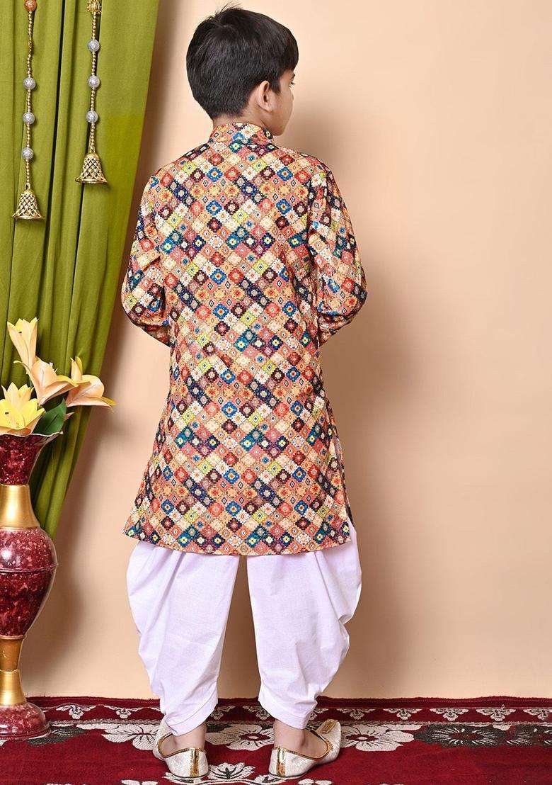 Brown Embroidered Cotton Kurta Set For Boys - Indya