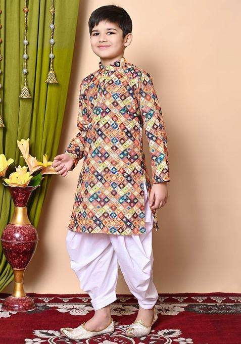 Brown Embroidered Cotton Kurta Set For Boys