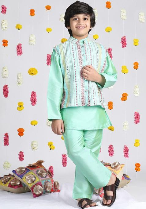 Sea Green Solid Georgette Kurta Set For Boys — view on Indya