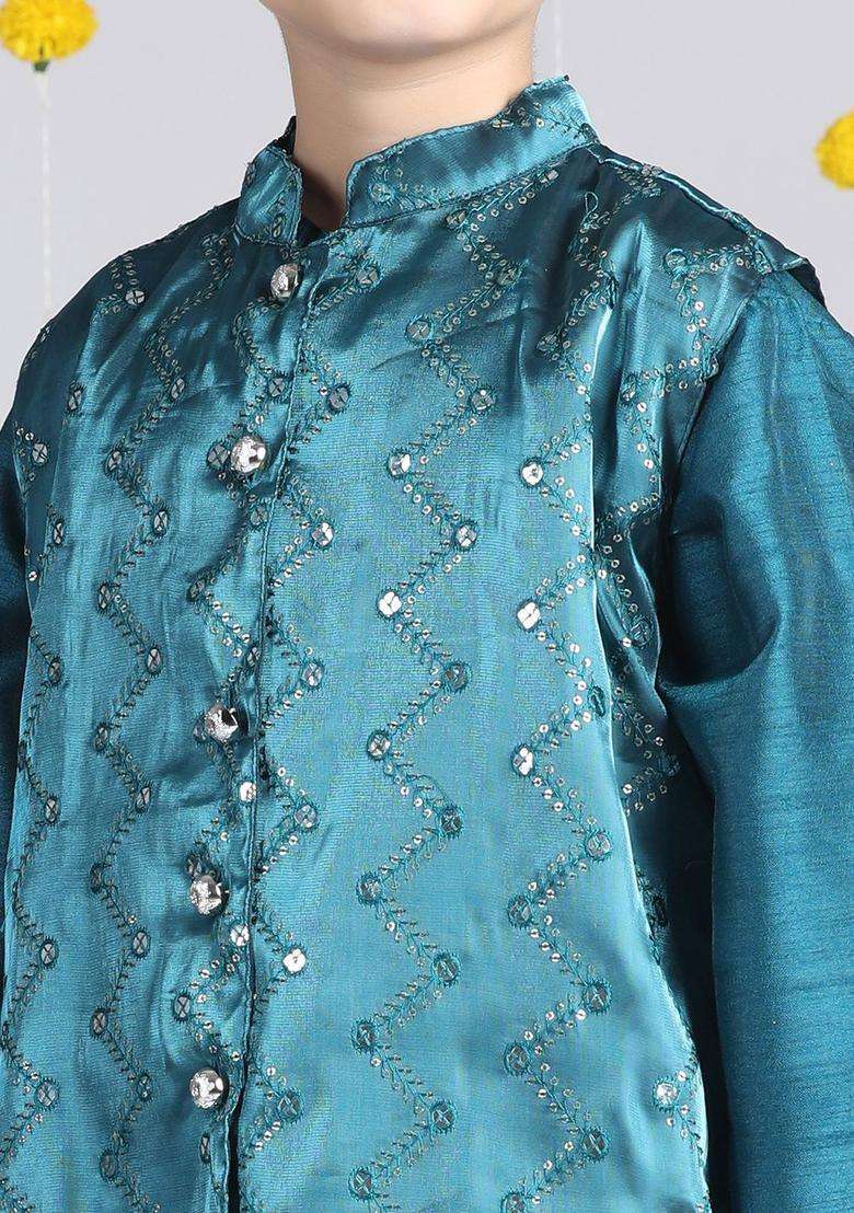 Teal Solid Organza Kurta Set For Boys - Indya