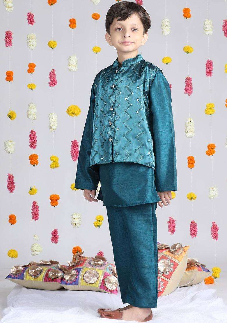 Teal Solid Organza Kurta Set For Boys - Indya