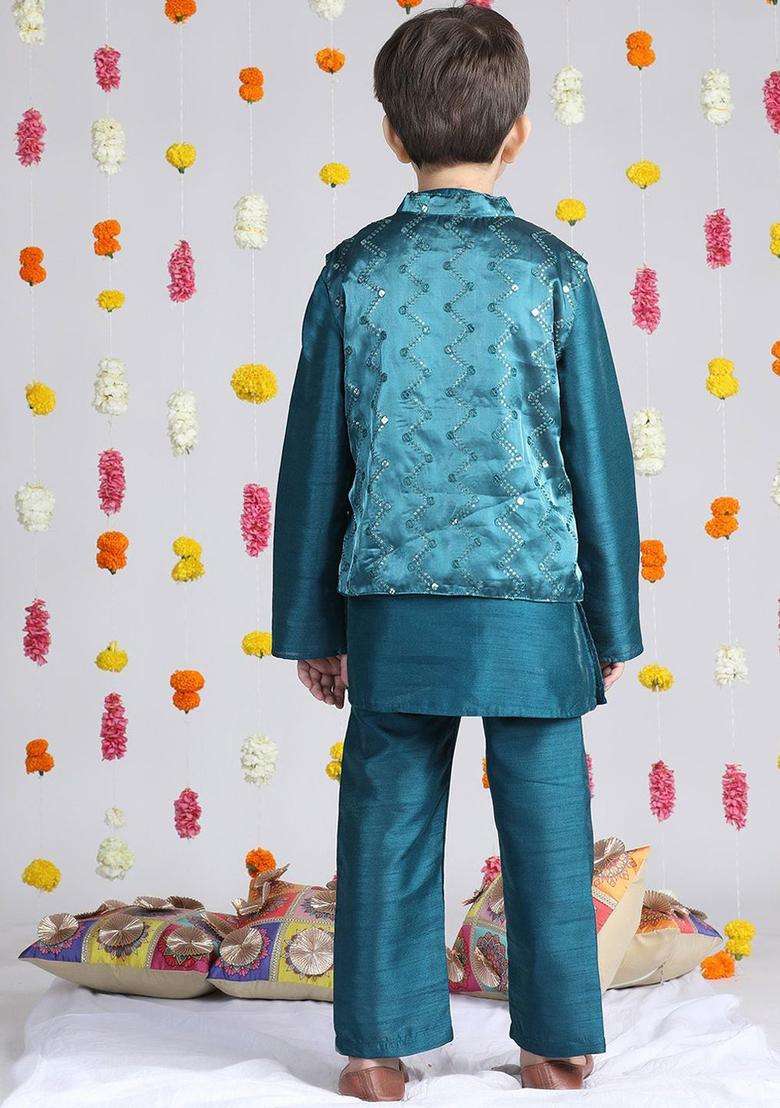 Teal Solid Organza Kurta Set For Boys - Indya