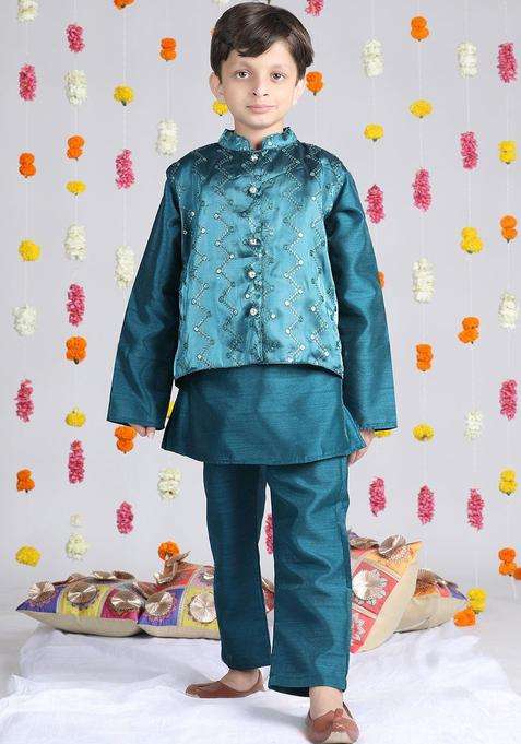 Teal Solid Organza Kurta Set For Boys