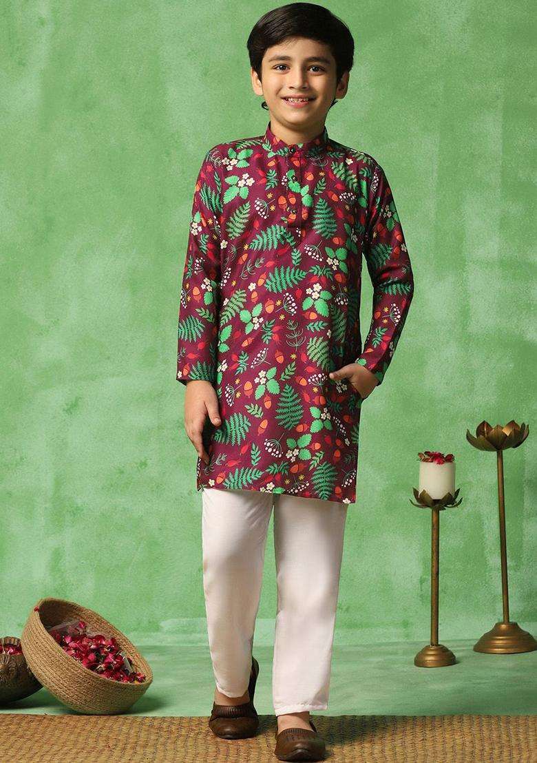 Brown Printed Cotton Kurta Set For Boys - Indya