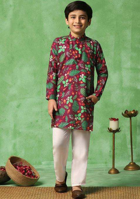 Brown Printed Cotton Kurta Set For Boys