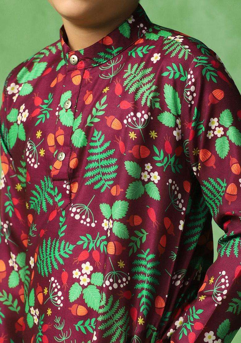 Brown Printed Cotton Kurta Set For Boys - Indya