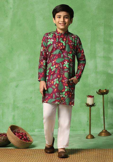 Brown Printed Cotton Kurta Set For Boys