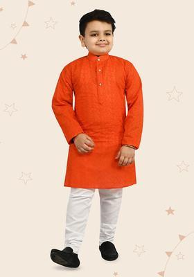 Orange Yoke Design Cotton Kurta Set For Boys