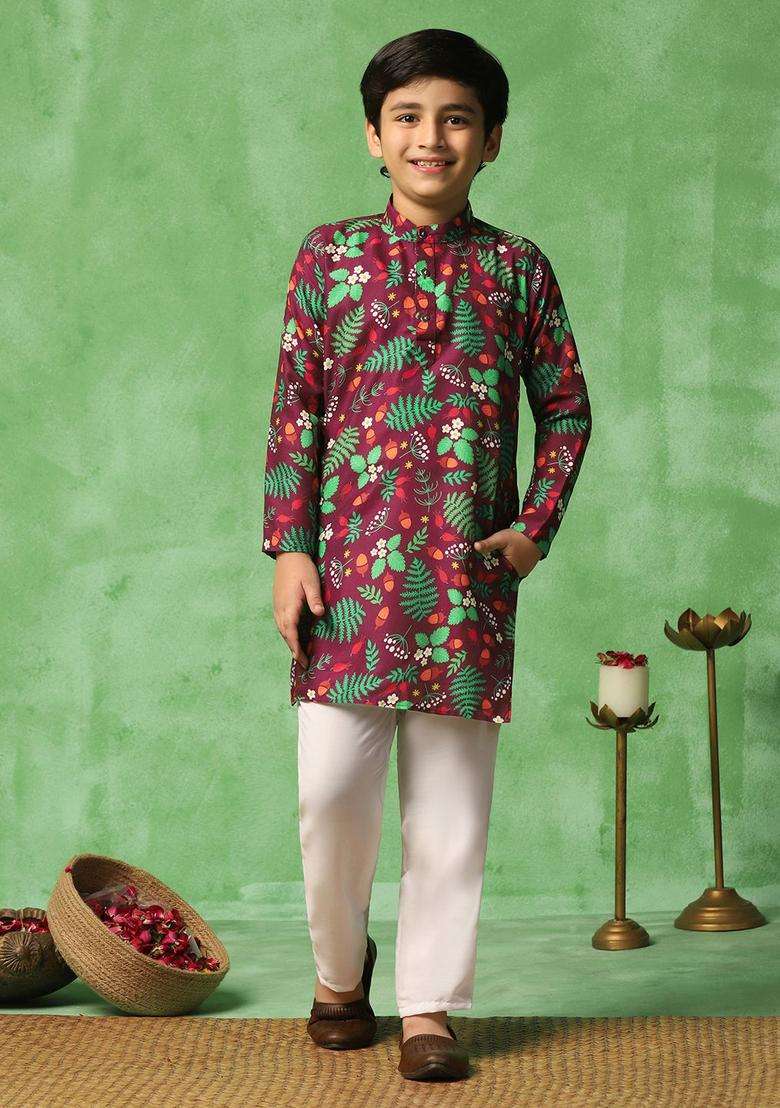 Brown Printed Cotton Kurta Set For Boys - Indya