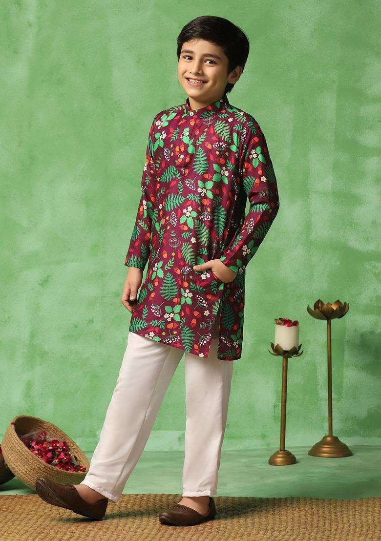 Brown Printed Cotton Kurta Set For Boys - Indya