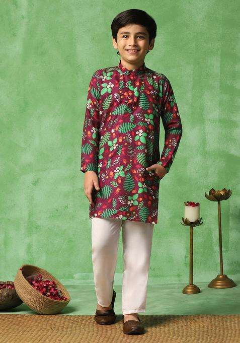 Brown Printed Cotton Kurta Set For Boys