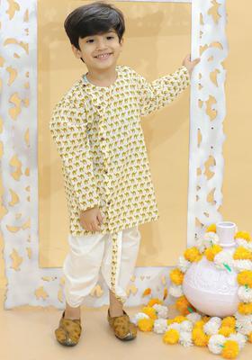 Olive Printed Cotton Kurta Set For Boys