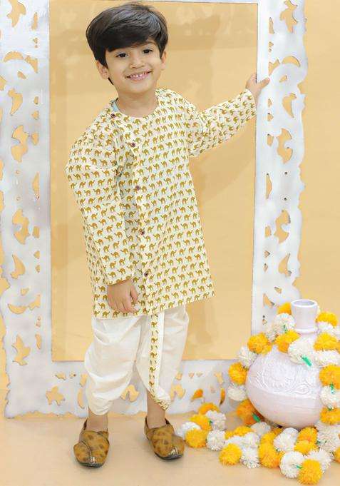 Olive Printed Cotton Kurta Set For Boys