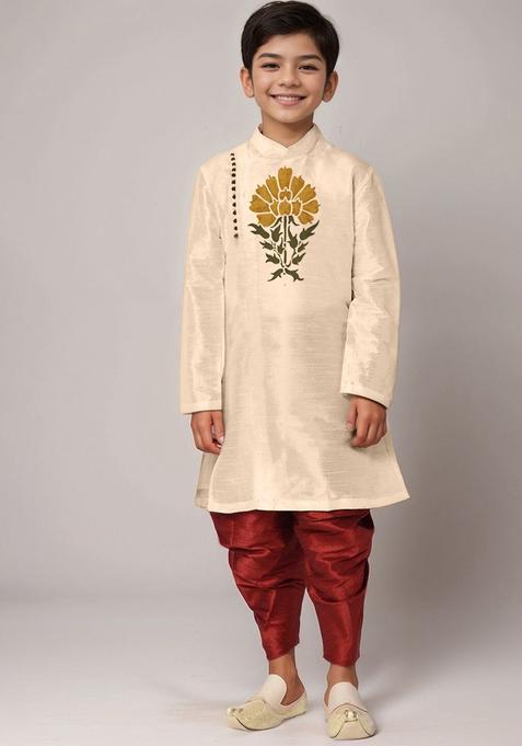 Beige Printed Silk Kurta Set For Boys — view on Indya