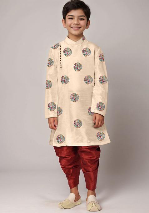 Beige Printed Silk Kurta Set For Boys — view on Indya