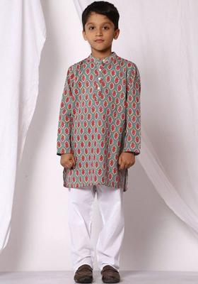 Grey Printed Cotton Kurta Set For Boys