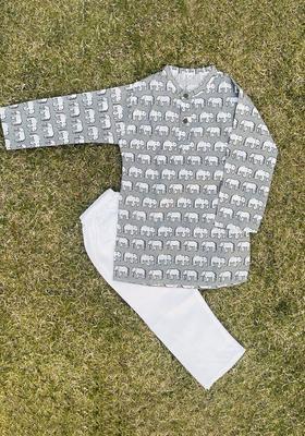 Grey Printed Cotton Kurta Set For Boys