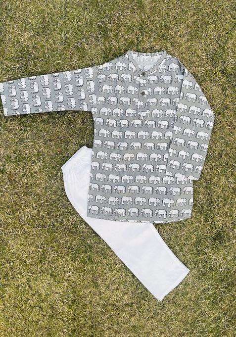 Grey Printed Cotton Kurta Set For Boys
