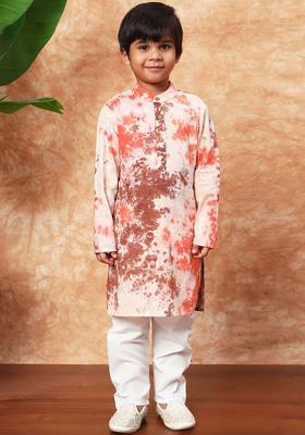 Peach Printed Cotton Kurta Set For Boys