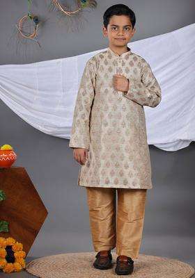 Rose Gold Embroidered Cotton Kurta Set For Boys
