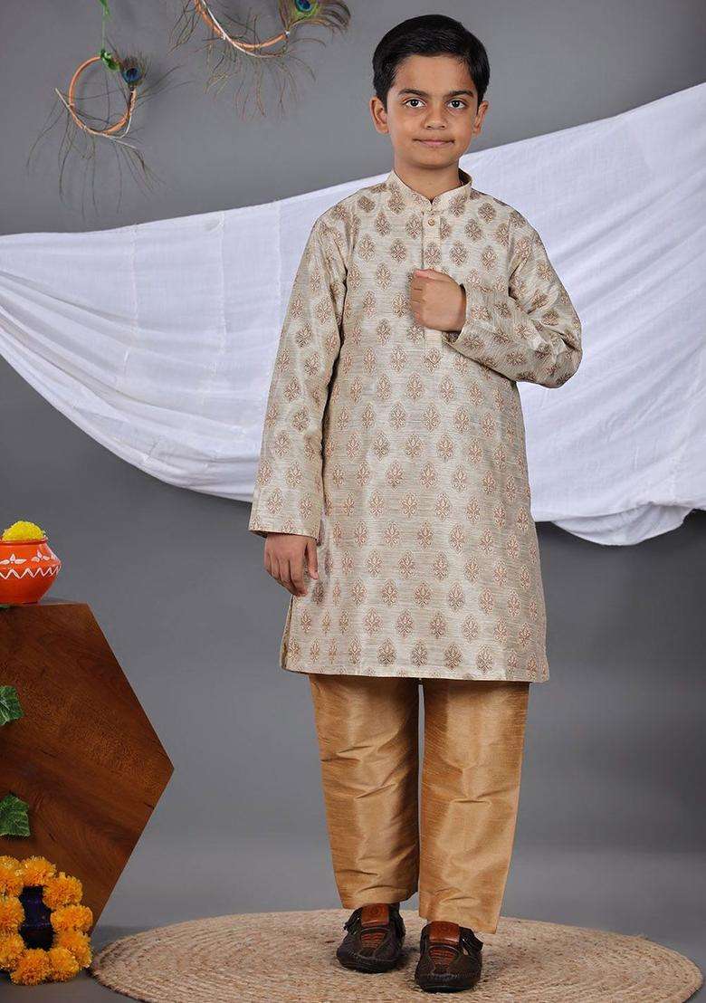 Rose Gold Embroidered Cotton Kurta Set For Boys - Indya