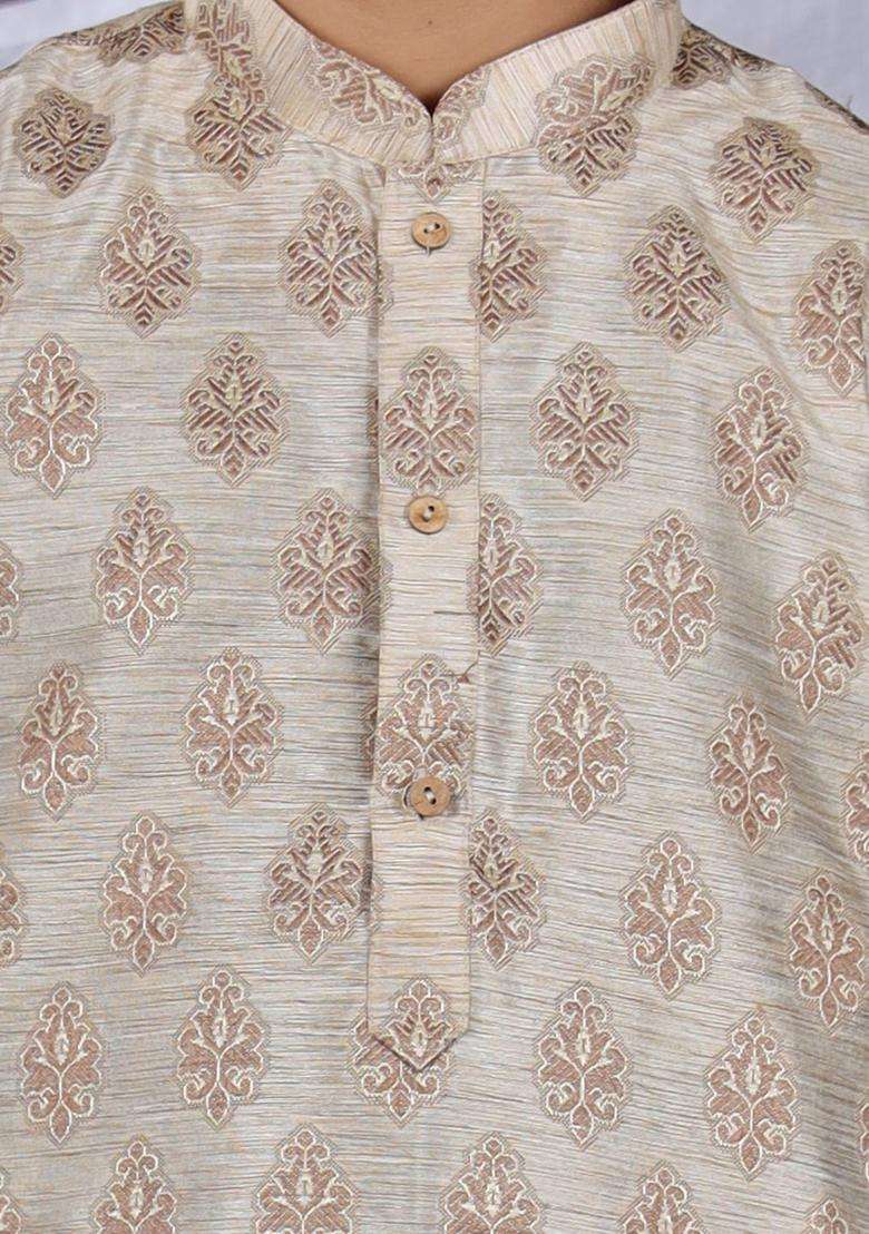 Rose Gold Embroidered Cotton Kurta Set For Boys - Indya
