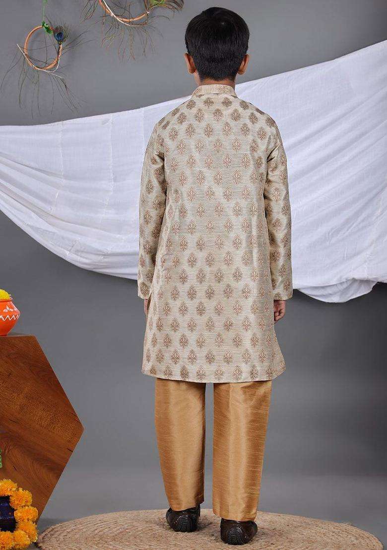 Rose Gold Embroidered Cotton Kurta Set For Boys - Indya