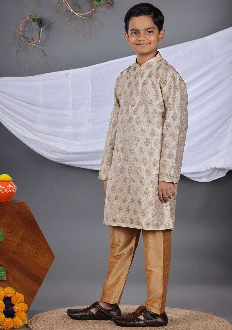 Rose Gold Embroidered Cotton Kurta Set For Boys - Indya
