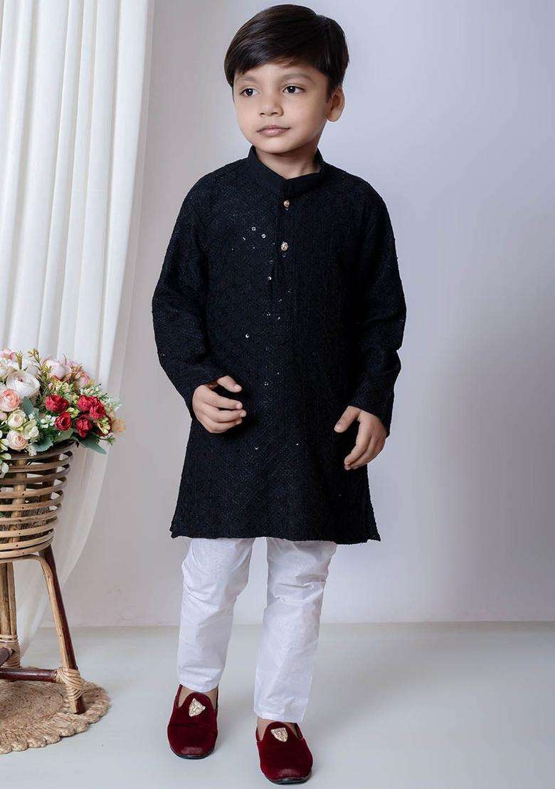Blue Embroidered Chiffon Kurta Set For Boys - Indya