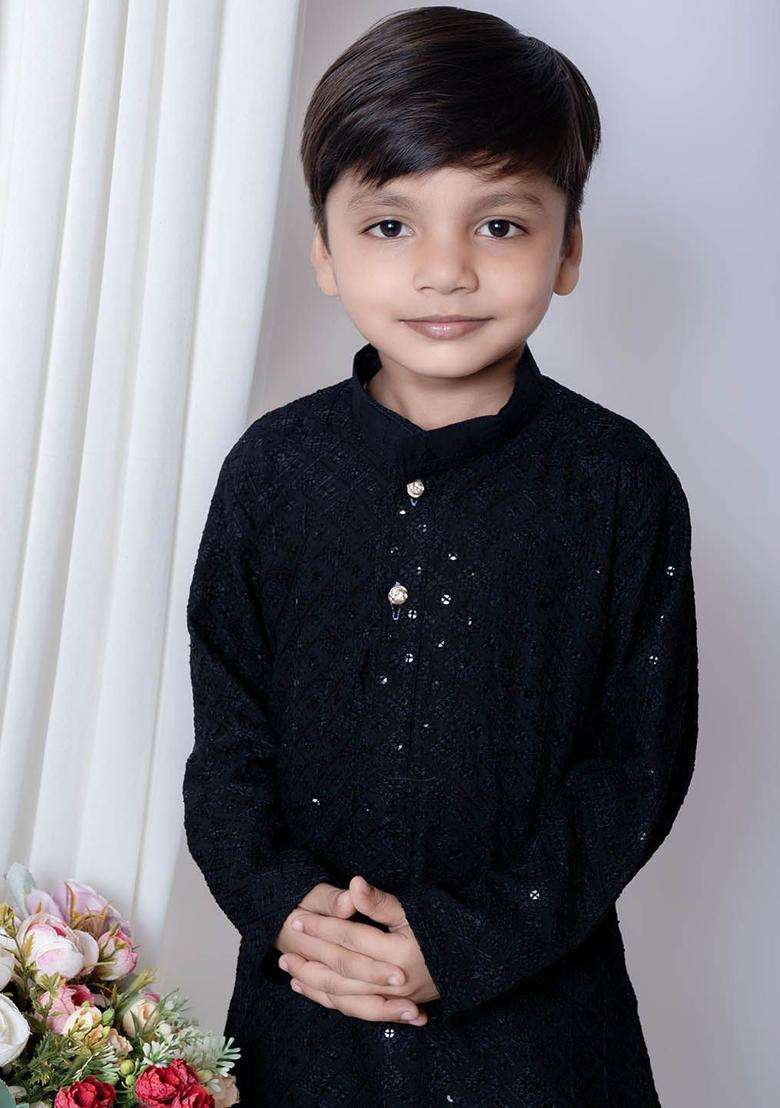 Blue Embroidered Chiffon Kurta Set For Boys - Indya