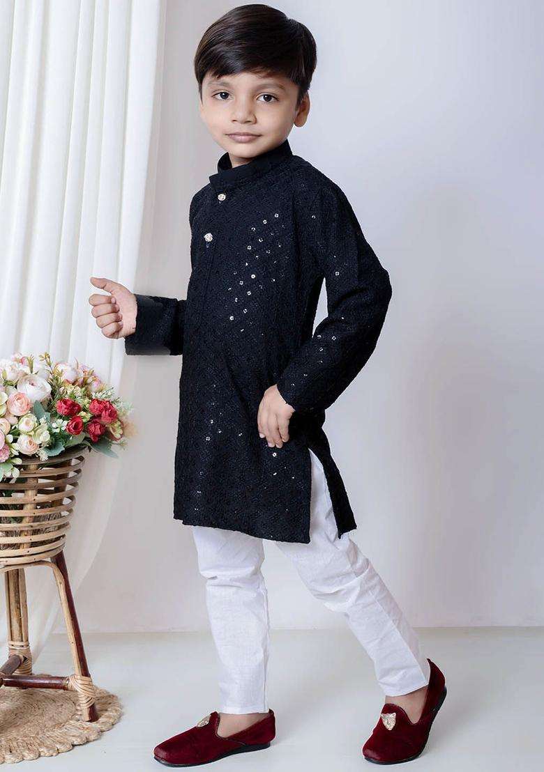 Blue Embroidered Chiffon Kurta Set For Boys - Indya