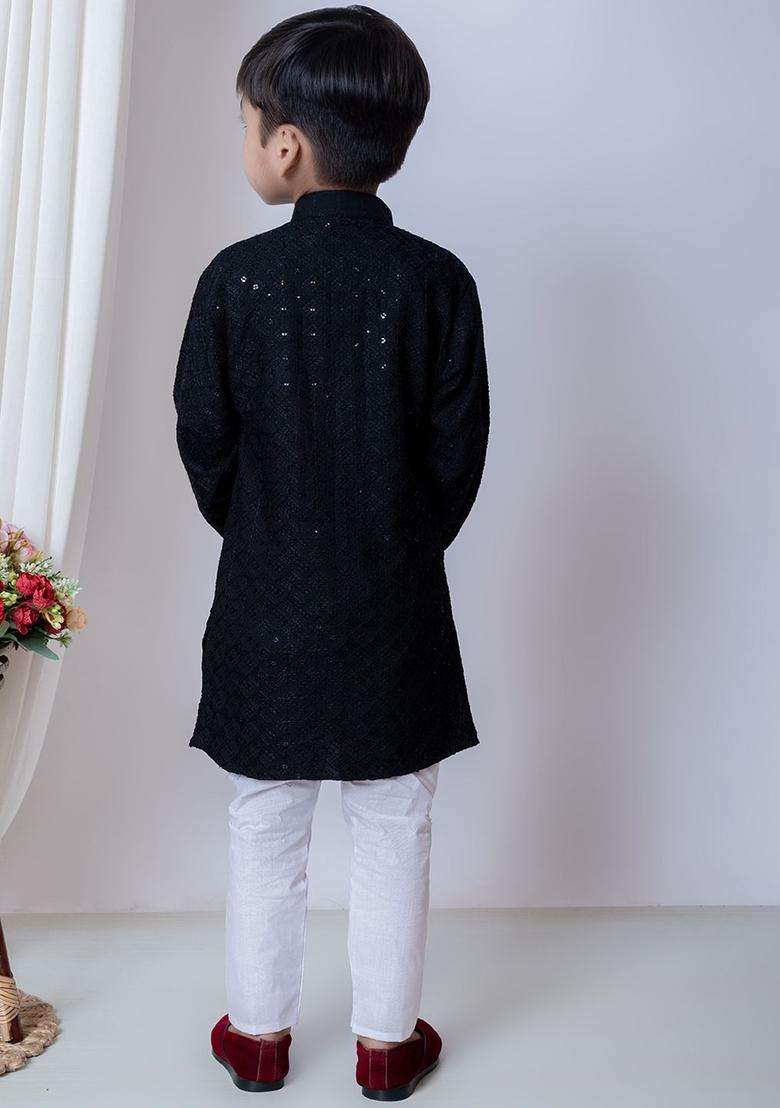 Blue Embroidered Chiffon Kurta Set For Boys - Indya