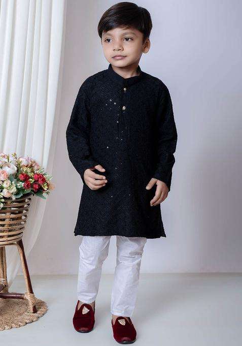Blue Embroidered Chiffon Kurta Set For Boys