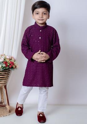 Purple Embroidered Chiffon Kurta Set For Boys