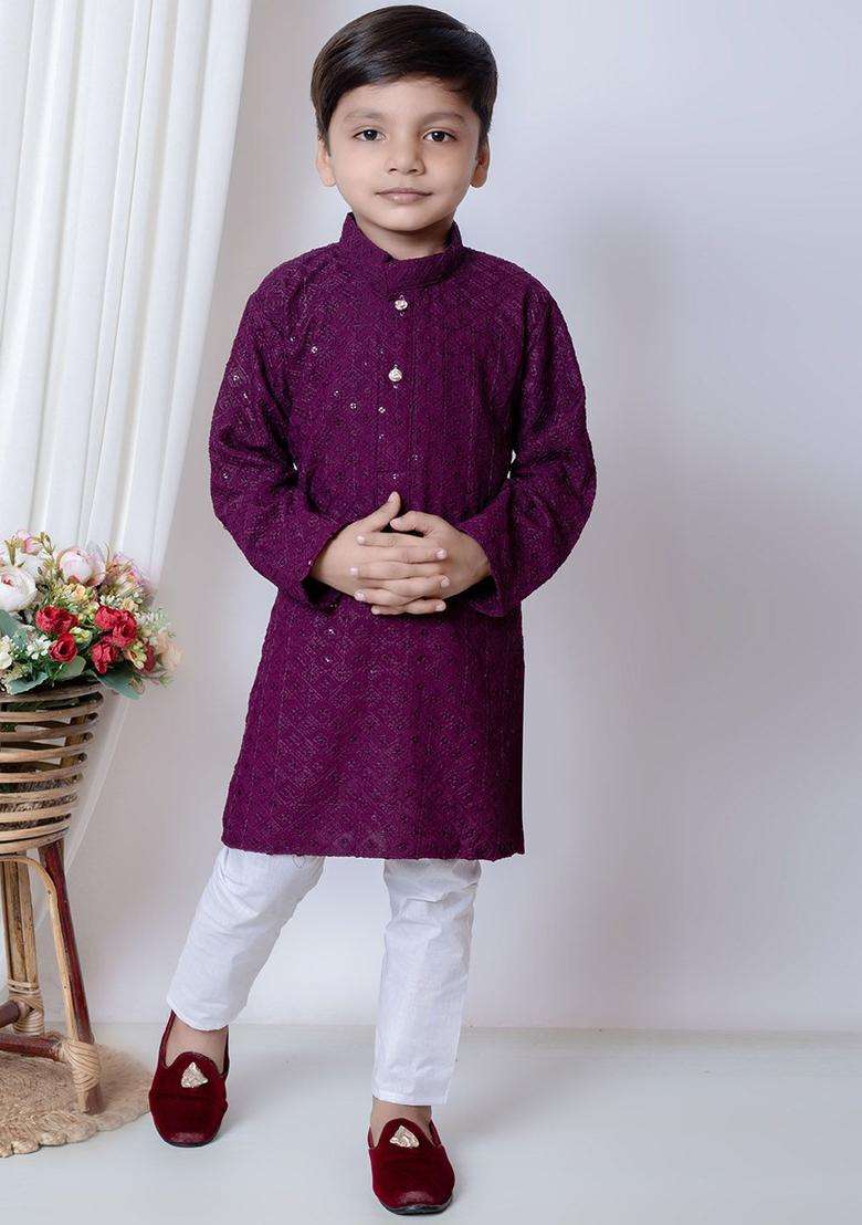 Purple Embroidered Chiffon Kurta Set For Boys - Indya
