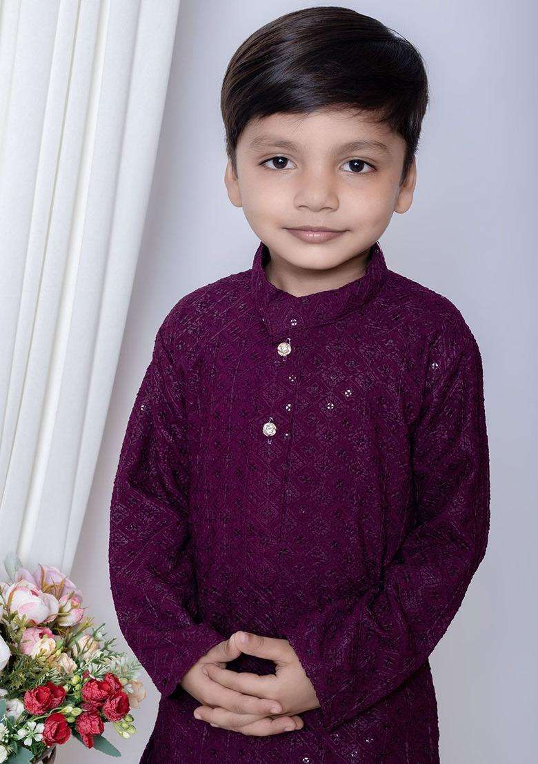 Purple Embroidered Chiffon Kurta Set For Boys - Indya