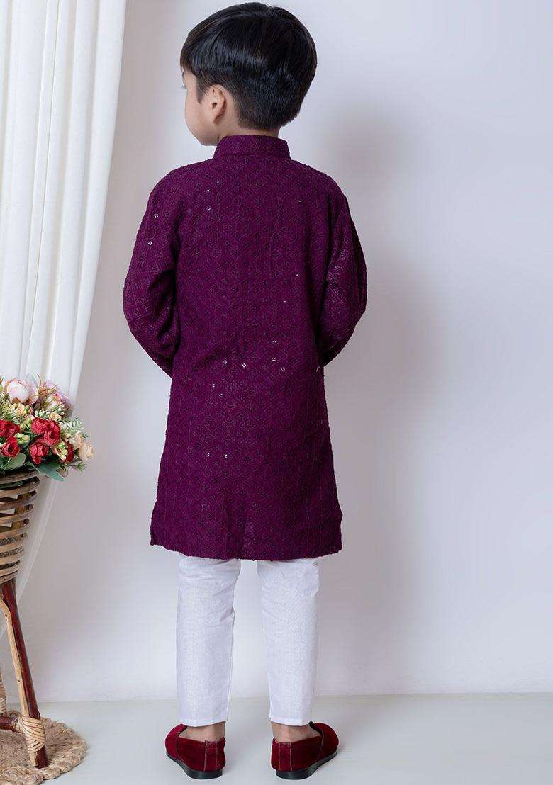 Purple Embroidered Chiffon Kurta Set For Boys - Indya