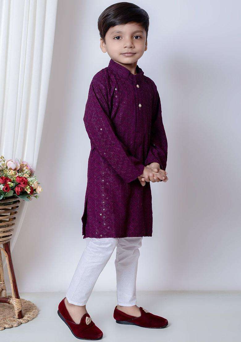 Purple Embroidered Chiffon Kurta Set For Boys - Indya