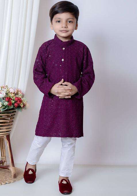 Purple Embroidered Chiffon Kurta Set For Boys