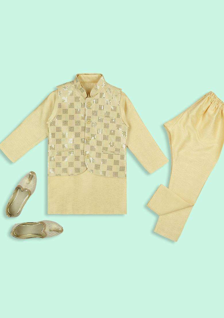 Gold Solid Silk Kurta Set For Boys - Indya