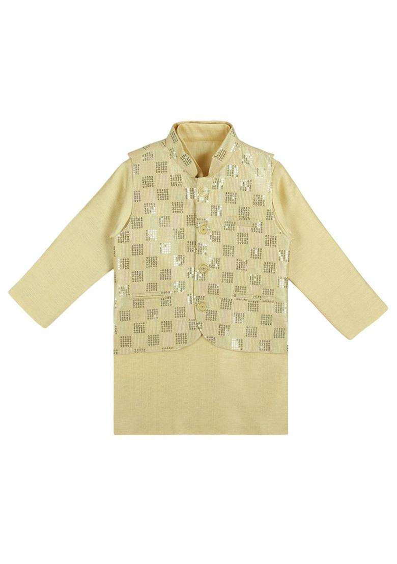 Gold Solid Silk Kurta Set For Boys - Indya