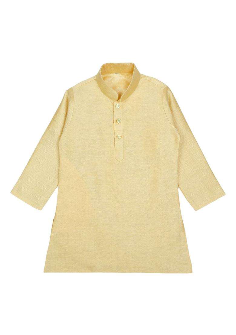 Gold Solid Silk Kurta Set For Boys - Indya