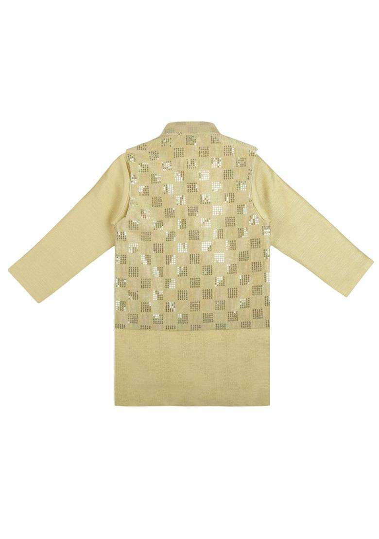 Gold Solid Silk Kurta Set For Boys - Indya