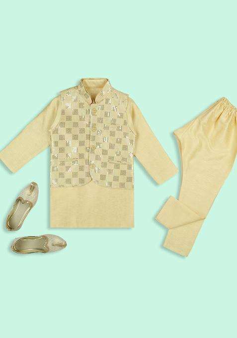 Gold Solid Silk Kurta Set For Boys