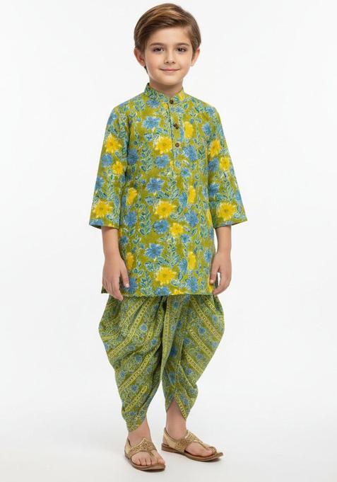 Green Printed Cotton Kurta Set For Boys — view on Indya
