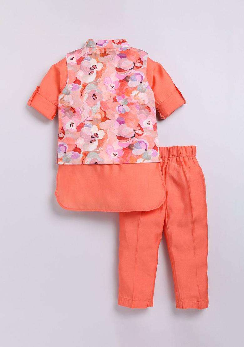 Peach Yoke Design Silk Kurta Set For Boys - Indya